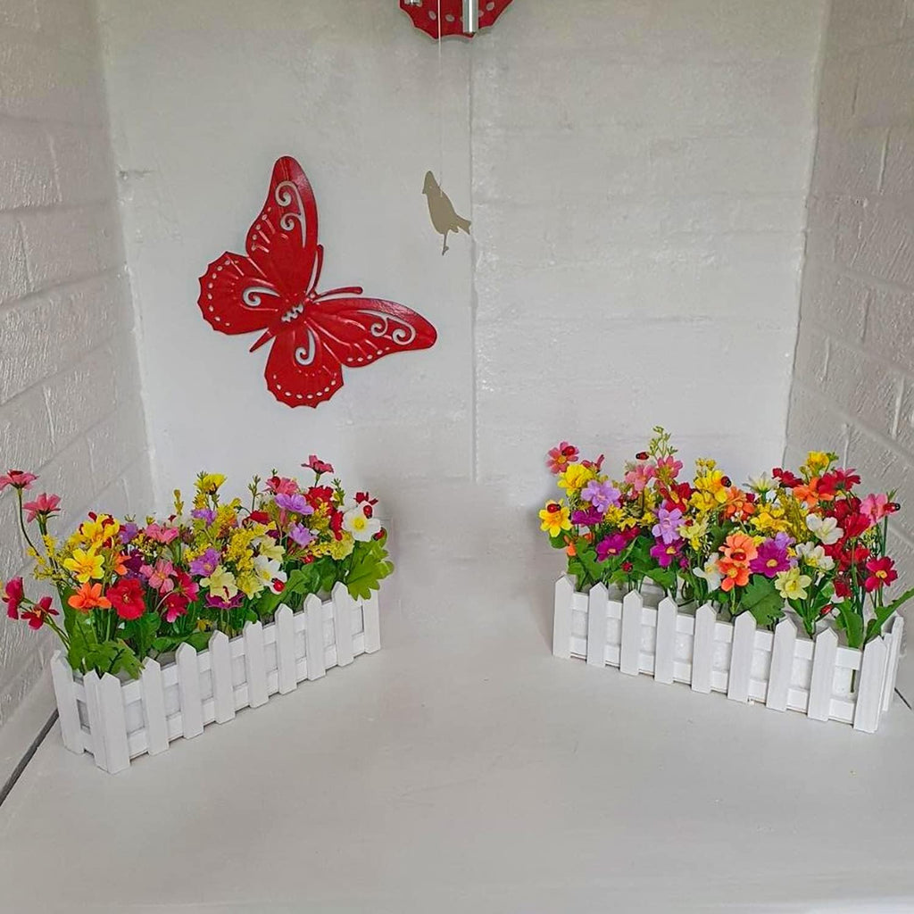 Artificial Flower Plants - Mixed Color Daisies in Picket Fence Pot for Indoor Office Wedding Home Decor, 2 Sets