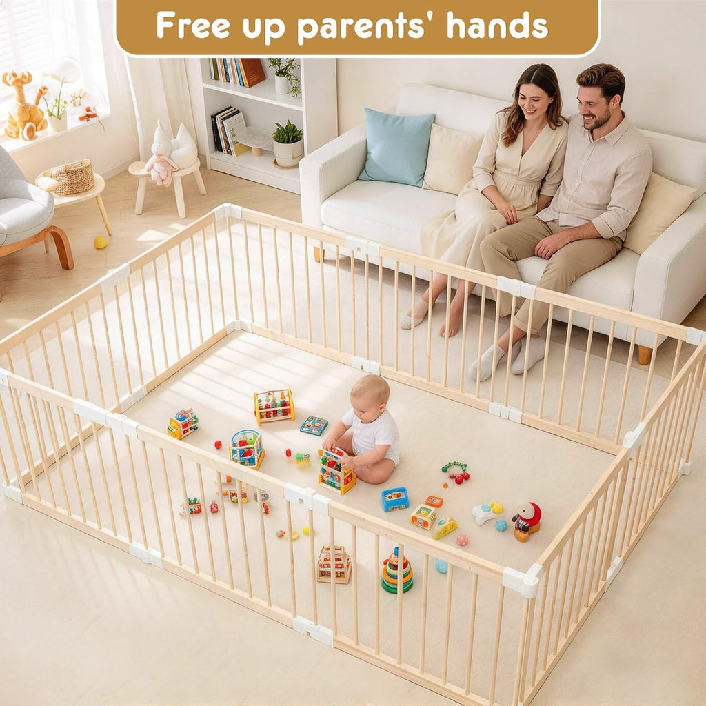 Baby Playpen, Foldable Wooden Play Yard with Gate | Adjustable Activity Center, Child Proof Lock, Expandable