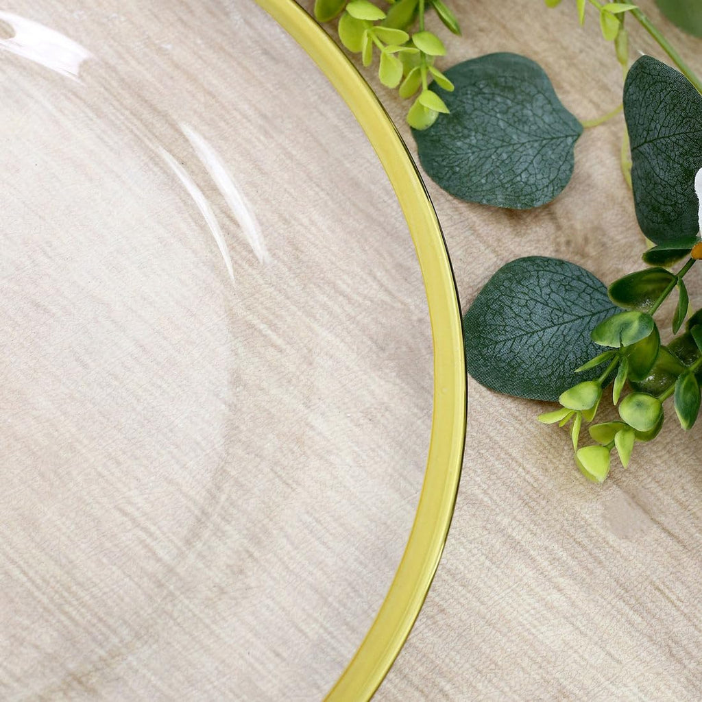 8 Pack Glass Charger Plates 13" Round Clear with Metallic Gold Rim, Decorative Dinner Party Serving Plates