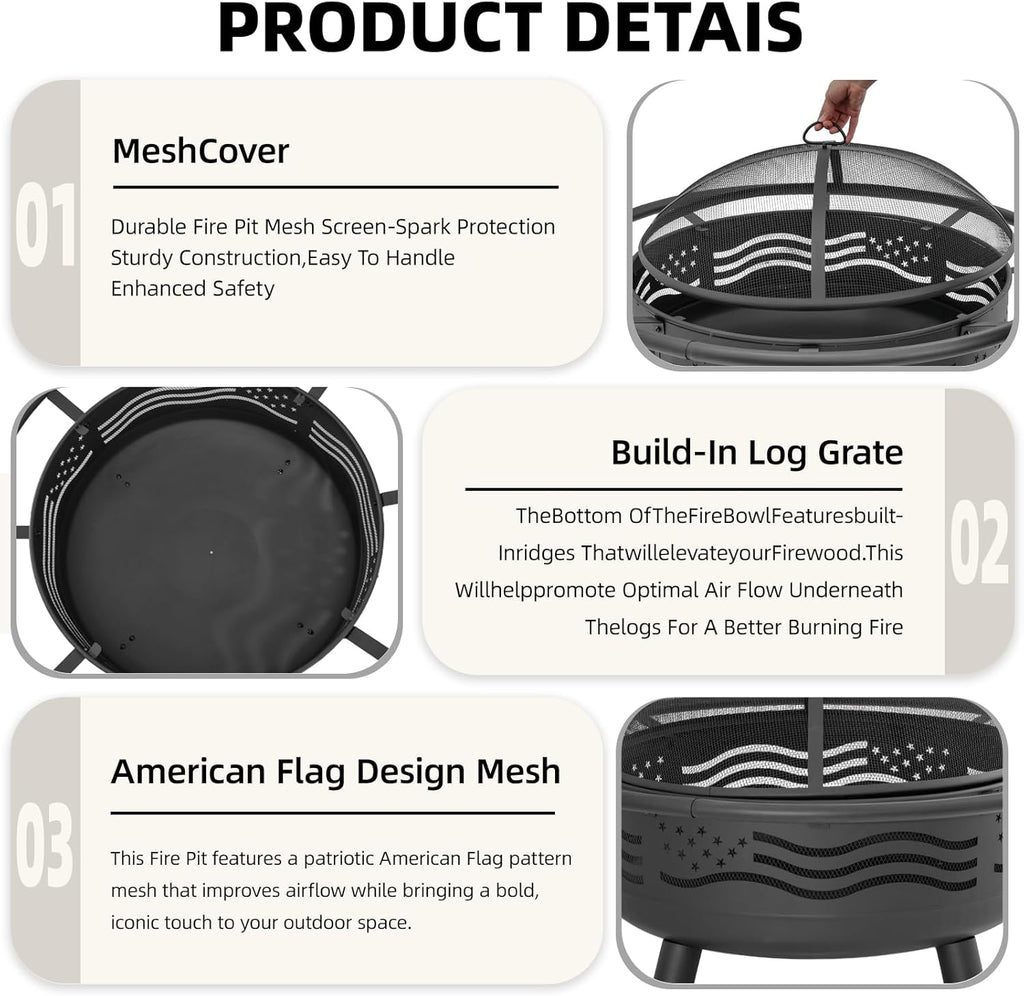 32 Inch American Flag Fire Pit with Mesh Cover & Poker, Round Metal Wood Burning Outdoor Firepit