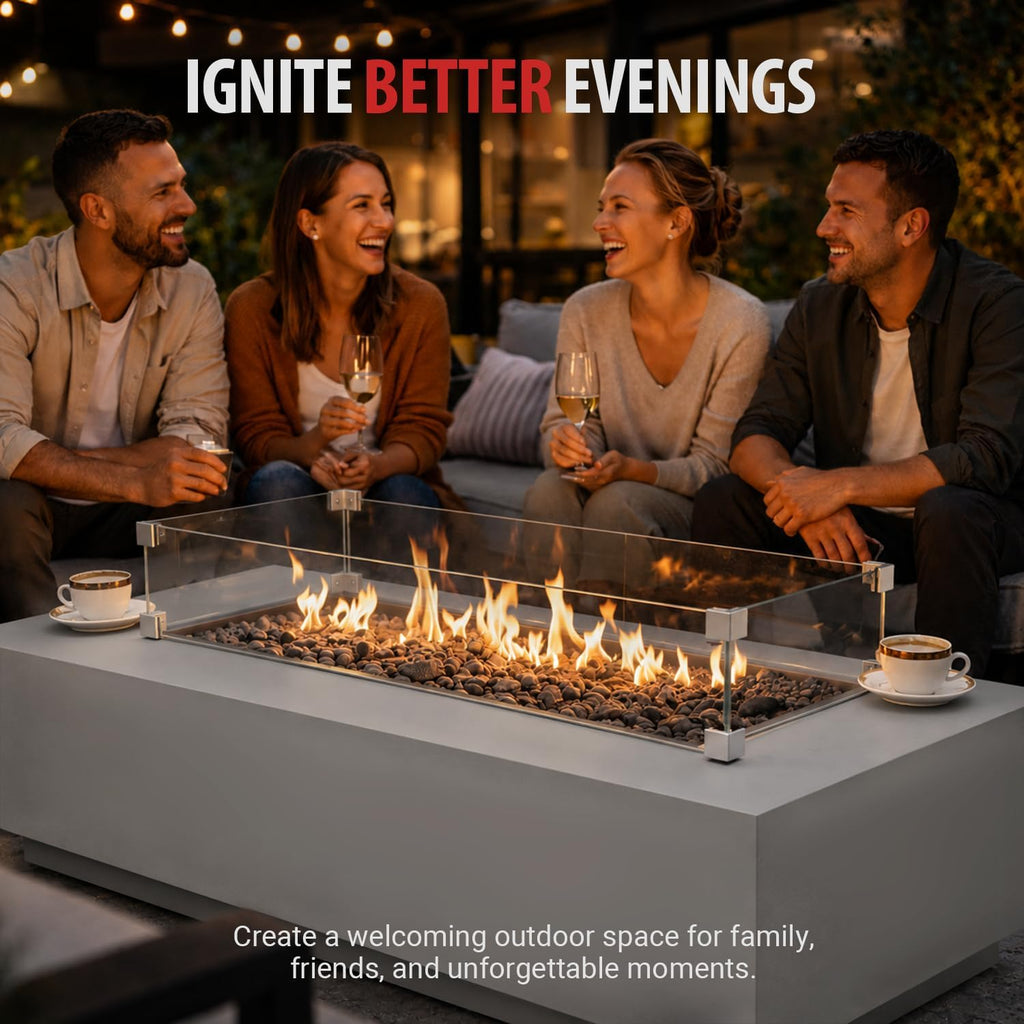 AMS 60" Rectangular Concrete GFRC Propane Gas Fire Pit Table (Light Gray) | (Madison) Smooth Texture Fire Pit Table