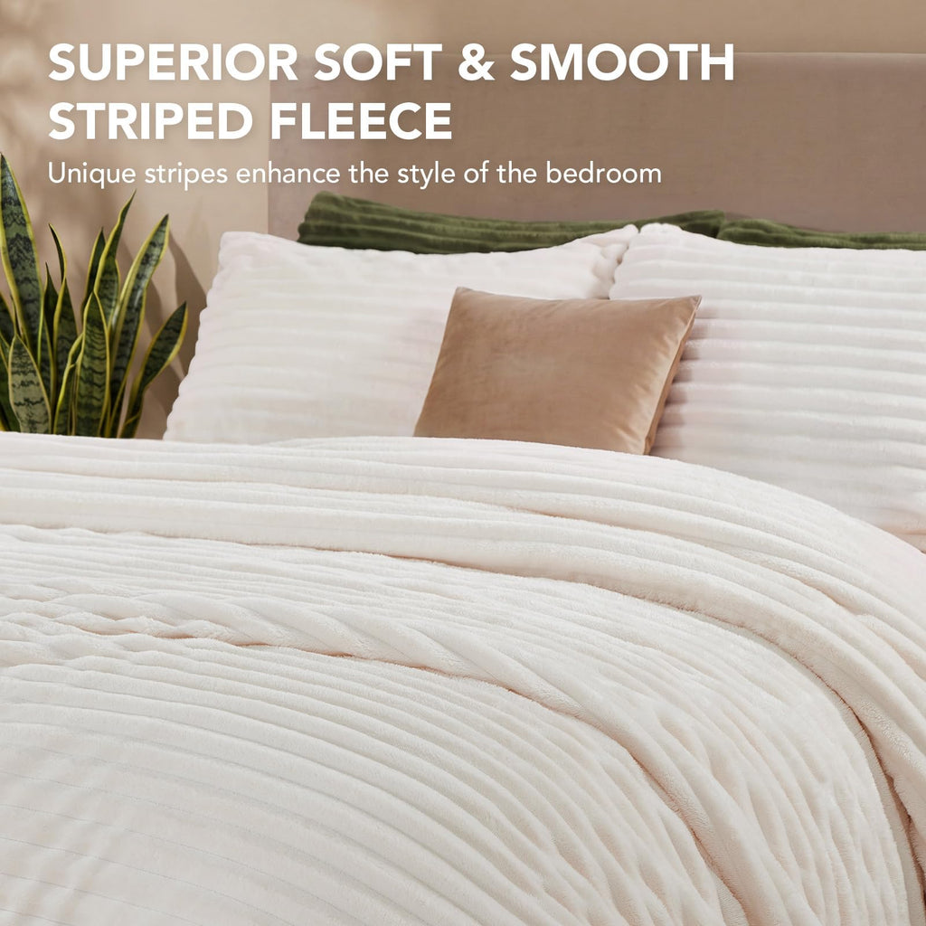 Fluffy Comforter Set 3 Pieces - Fleece Fluffy Soft & Warm Plush Cream White Comforter Sets, Luxury