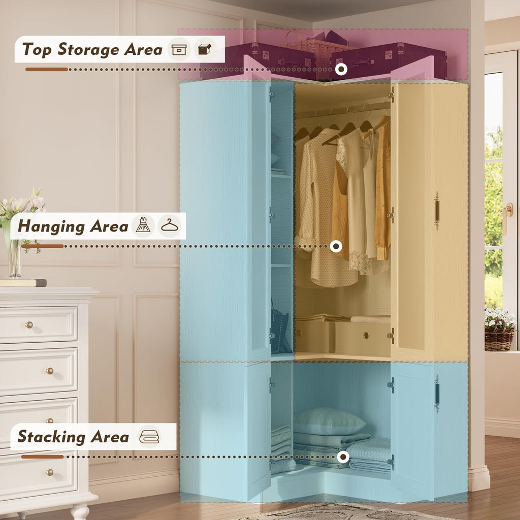 L-Shape Armoire Wardrobe Closet with Frosted Glass Door, 70.9''H Bedroom Clothing Storage Cabinet with Hanging Rod