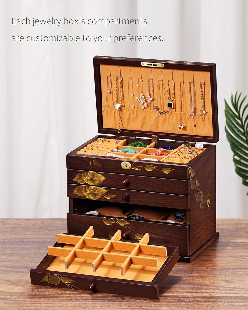 Painted Wooden Jewelry Box for Women, 6-Layer Vintage Organizer with Lock