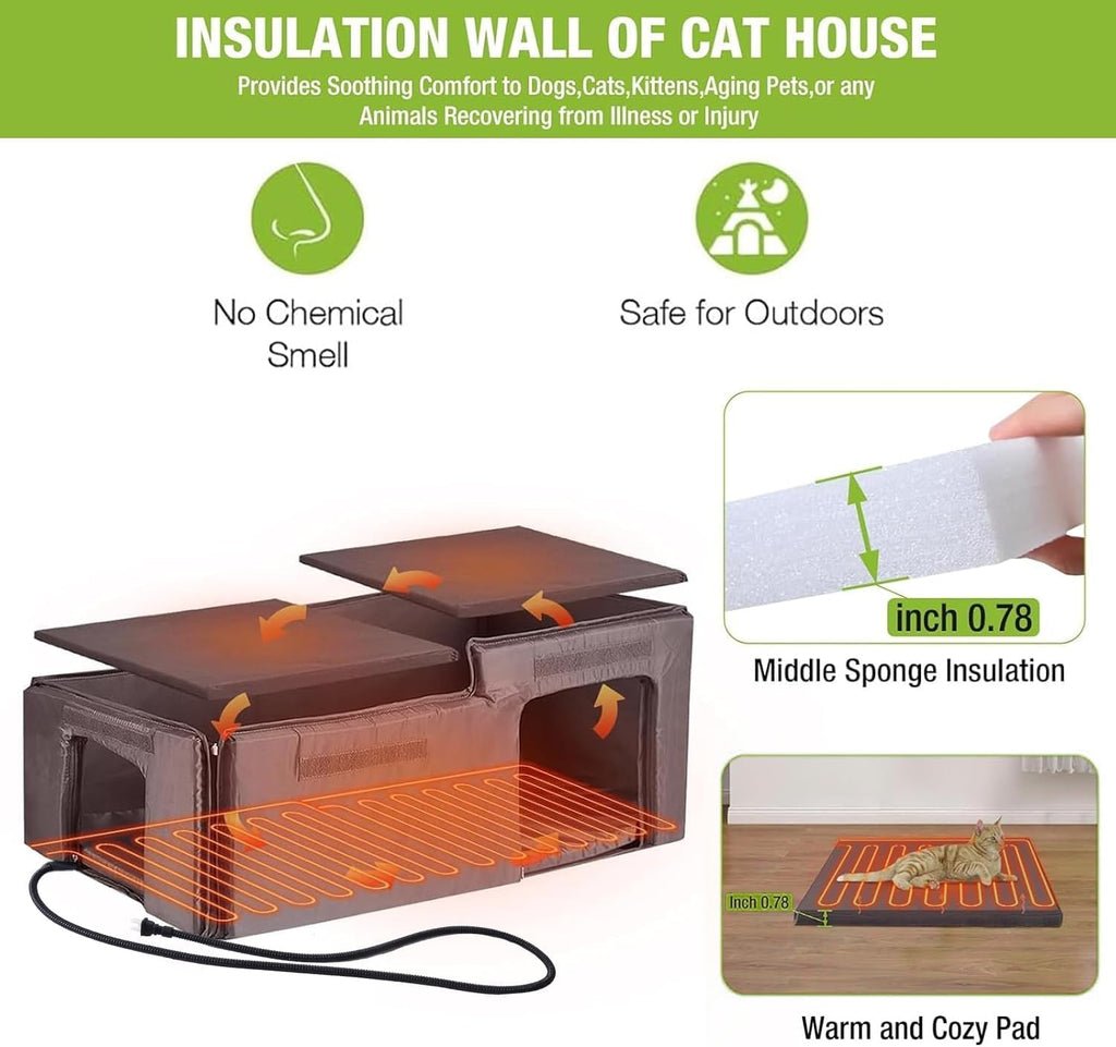 Heated Cat House Outdoor Feral Kitty Shelter with Insulated & Heated Liner Weatherproof Roof Cat Home