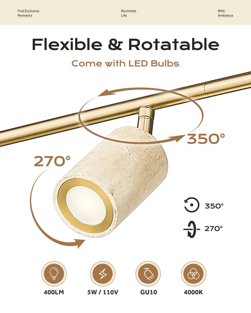 Natural Stone Track Lighting Kit, 3000K LED Track Lights Ceiling Mount, 44.5" Track Lighting Fixtures, Brushed Gold