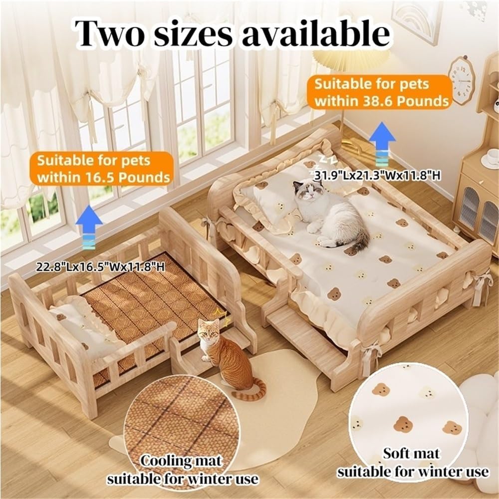 Solid Wood Pet Bed for Small and Medium Dogs, Elevated Wooden Dog Bed with Cushion and Mat, Pet Sofa for Indoor