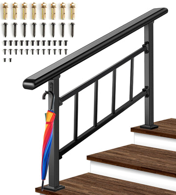 Updated Handrails for Outdoor Steps, 2-3 Steps Wrought Iron Stair Railing with Fence, Flexible Exterior Hand Railing