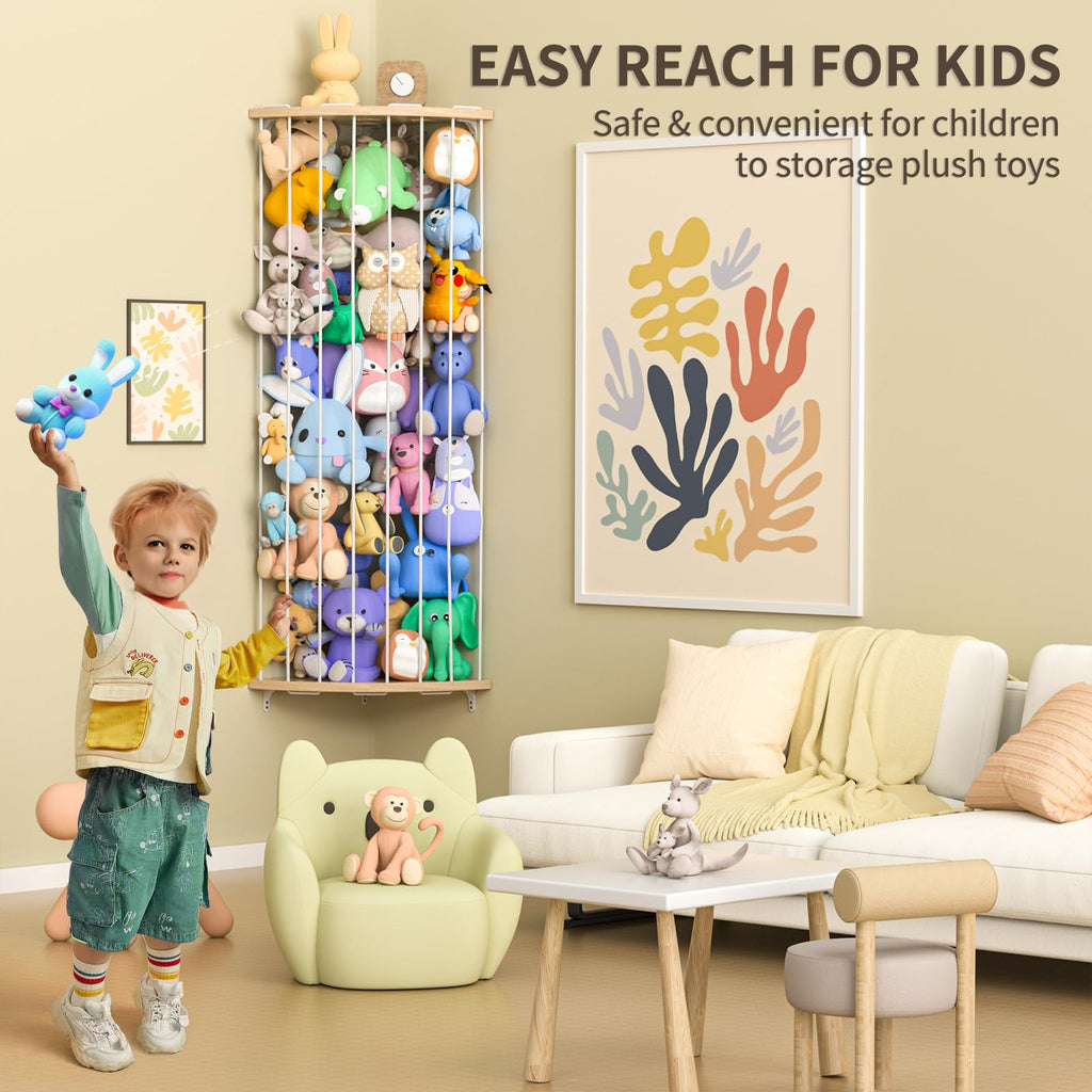 Stuffed Animal Storage Wood Corner Plush Toys Holder with Star Pattern, Length Adjustable Hanging Stuffed Animal Toy