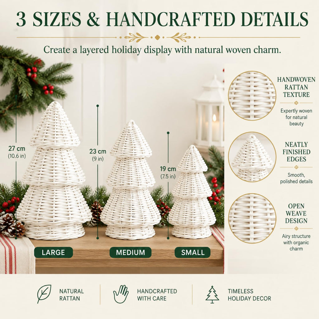 3 Pcs Woven Rattan Christmas Tree Decor, Classic Weave, White