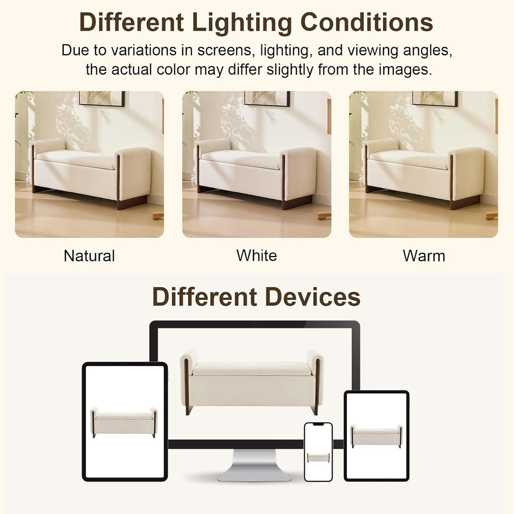 50.8 inch Storage Ottoman Bench with Armrests, Hidden Storage, Beige | End of Bed Bench, Bedroom Storage Bench