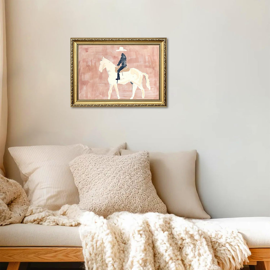 Gold Framed Western Cowboy Wall Art, Modern Abstract Cowboy on Horse Wall Decor Painting Vintage Southwestern Ranch