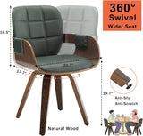 Mid-Century Modern Dining Chairs Set of 2, Swivel Faux Leather Dining Chairs with Arms and Curved Bentwood Back for Kitchen or Restaurant, Walnut Green