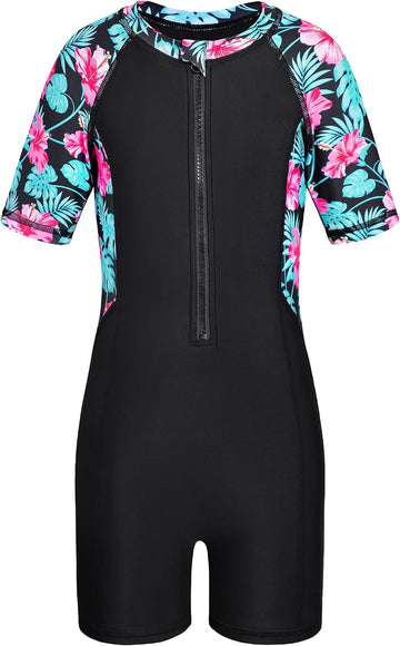 Girls Rash Guard Swimsuit One Piece Short Sleeve Front Zipper Swimwear UPF 50+ Bathing Suits
