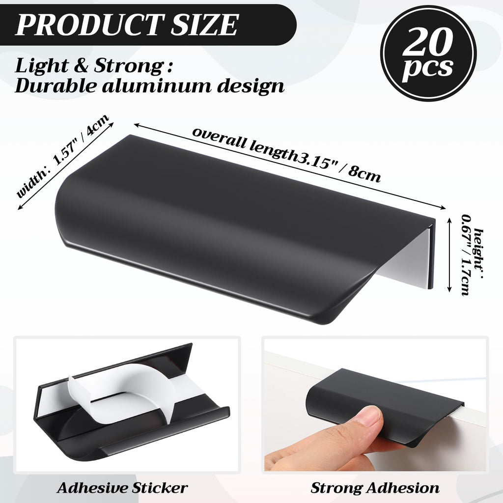 20 Packs 3.15'' Adhesive Cabinet Handles Finger Pulls, Black