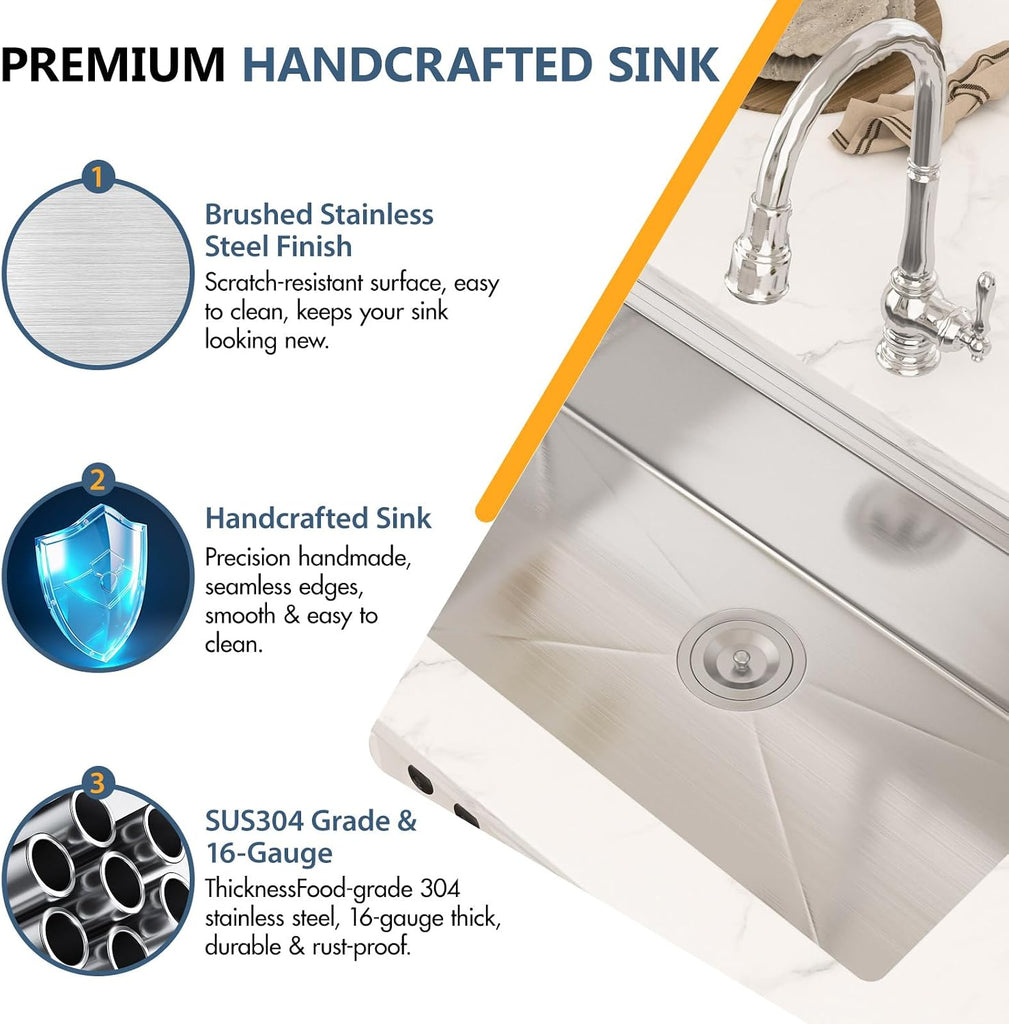 32 Inch Undermount Kitchen Sink - 32x19 Undermount Workstation Sink, 16 Gauge Stainless Steel Deep Single Bowl