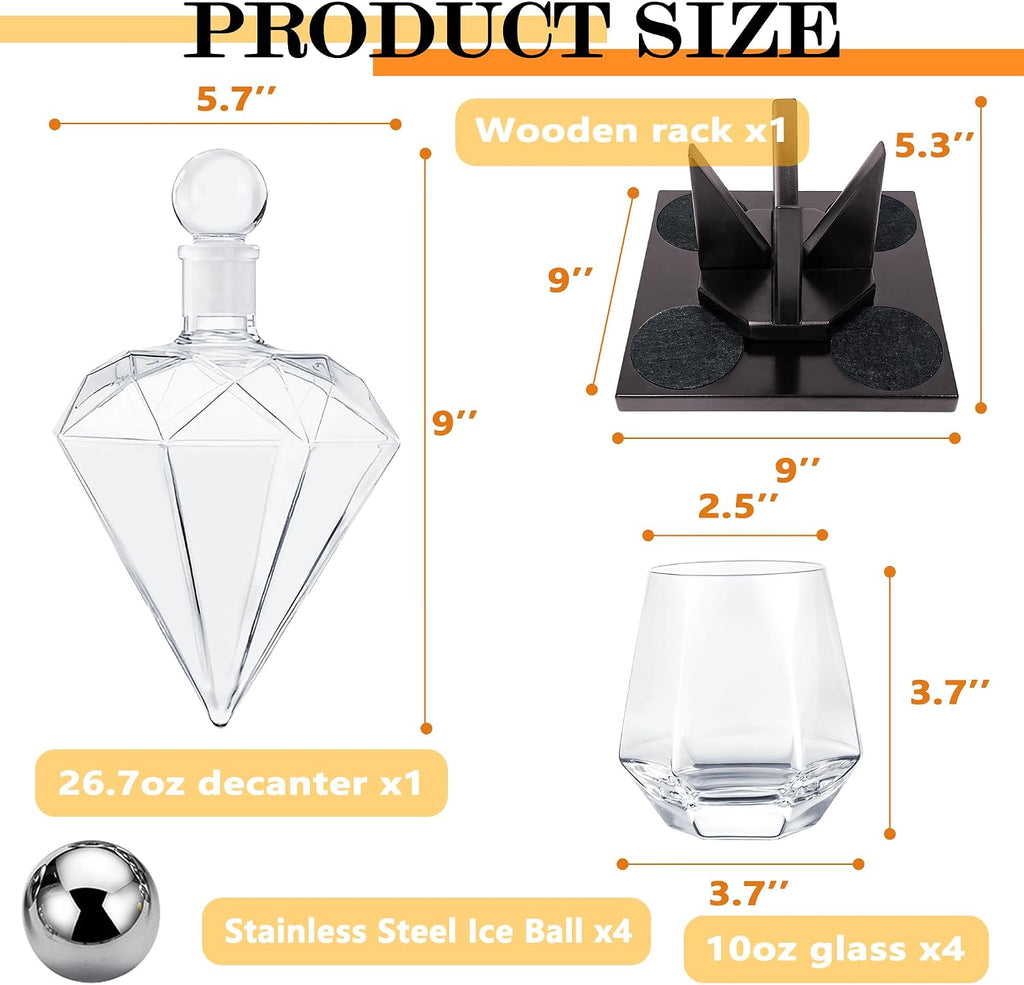 Diamond Whiskey Decanter Set, Diamond Decanter Set with 4 Glasses 4 Whiskey Stones, Decanter Whiskey Set Gifts for Men - Set of 4