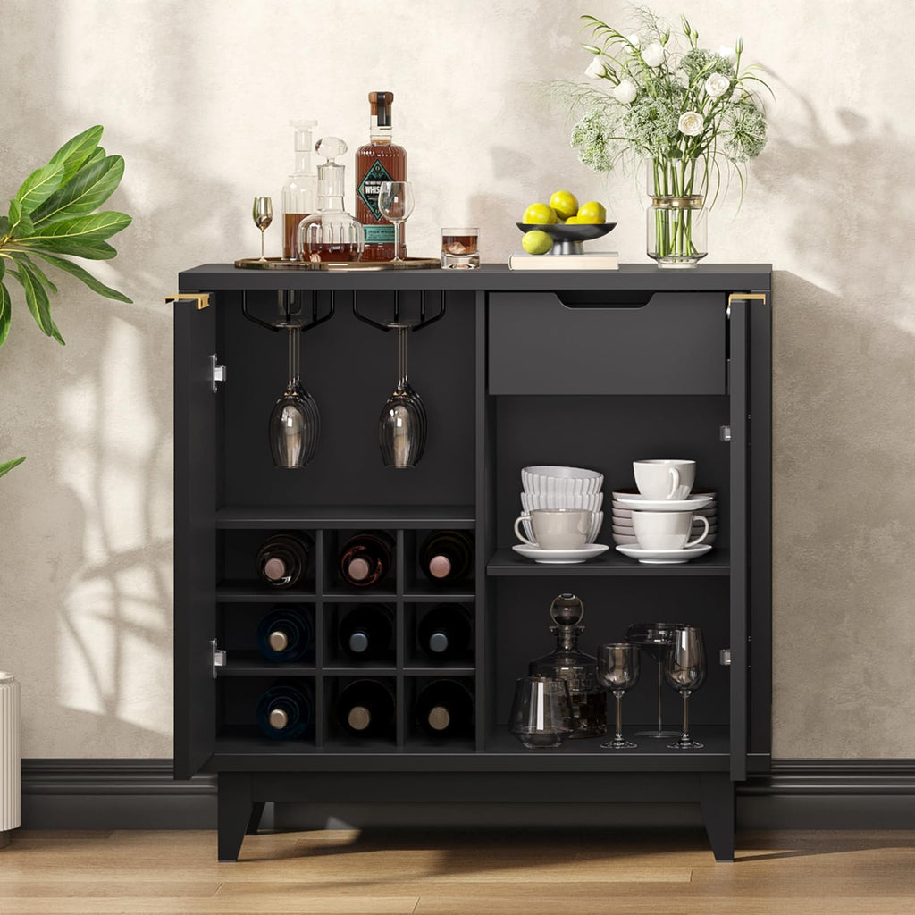 Modern Fluted Coffee Bar Cabinet with Removable Wine Rack, Black