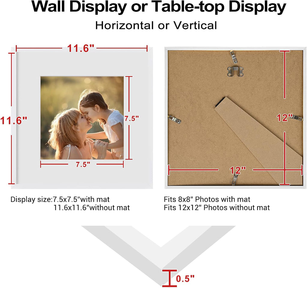 12x12 Frame Set of 9, 12 by 12 Square Picture Frames with Plexiglass for Picture 8x8 with Mat or 12x12 without Mat