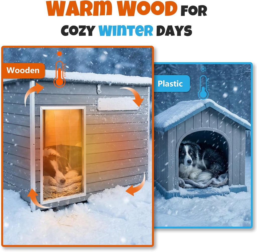 Large Outdoor Dog House, Weatherproof Wood with Chew-Resistant Alloy Frame