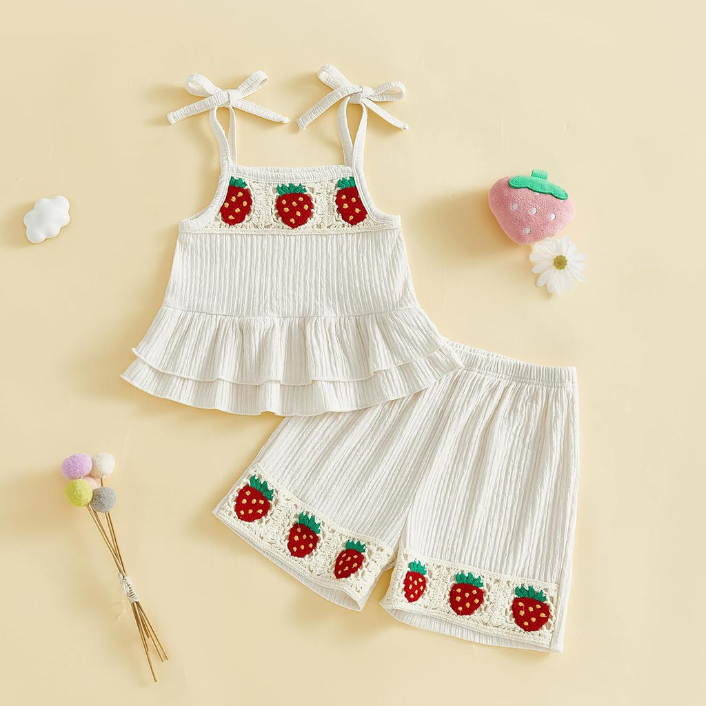 Toddler Baby Girl Summer Outfits Crochet Sleevless Ruffle Tank Top Dress and Bermuda Shorts Set Vintage Boho Clothes