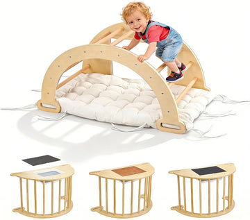 In-1 Triangle Climber Arch Rocker with Cushion Sensory Table Set for Kids, Montessori Wooden Climbing Toys