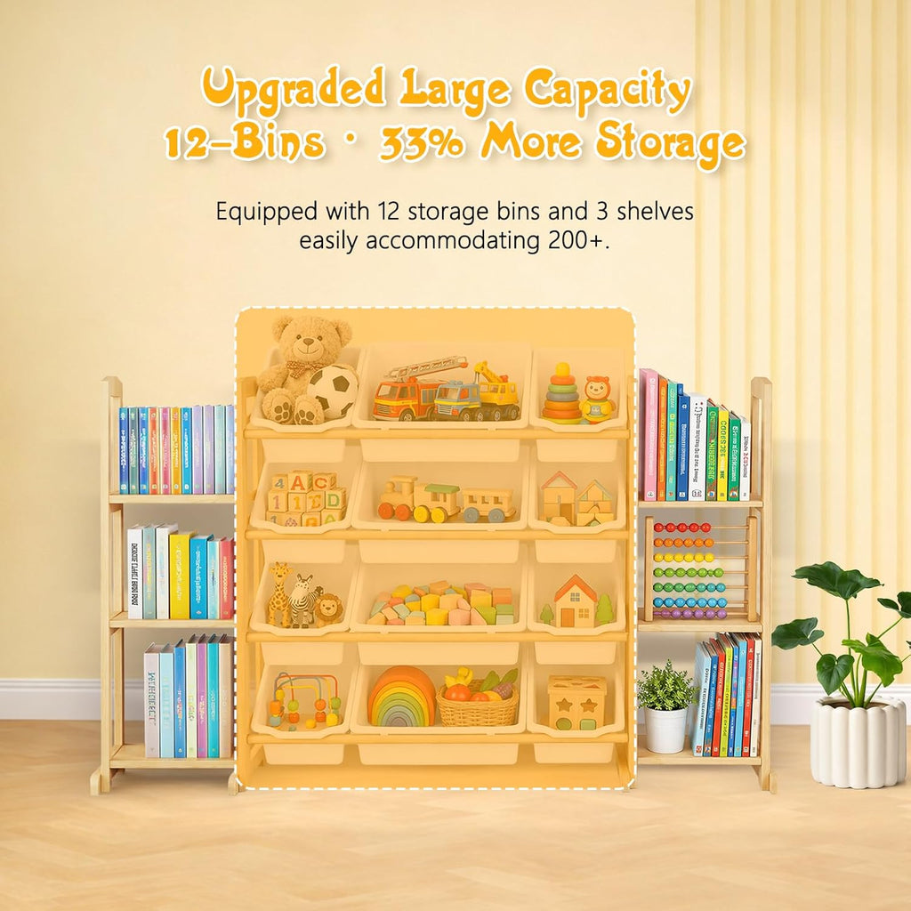 Toy Storage Organizer with Bookshelf - Wooden Toy Organizer with 12 Toy Bins & 6 Tier Bookcase,Quick Assembly Kids