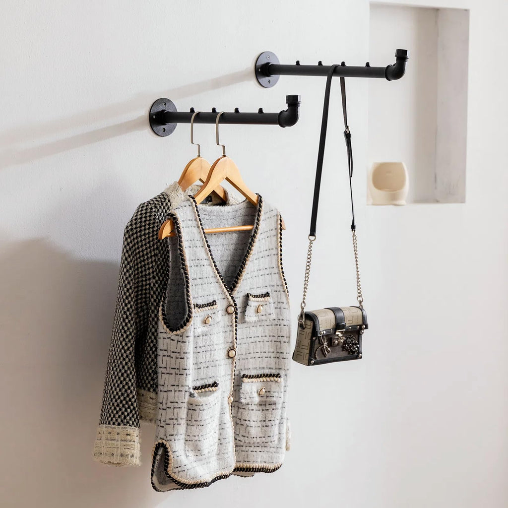 Industrial Wall Pipe Clothes Bar - Heavy Duty Coat Hanger with Hook, Wall-Mounted Garment Holder Racks, Wall Clothing