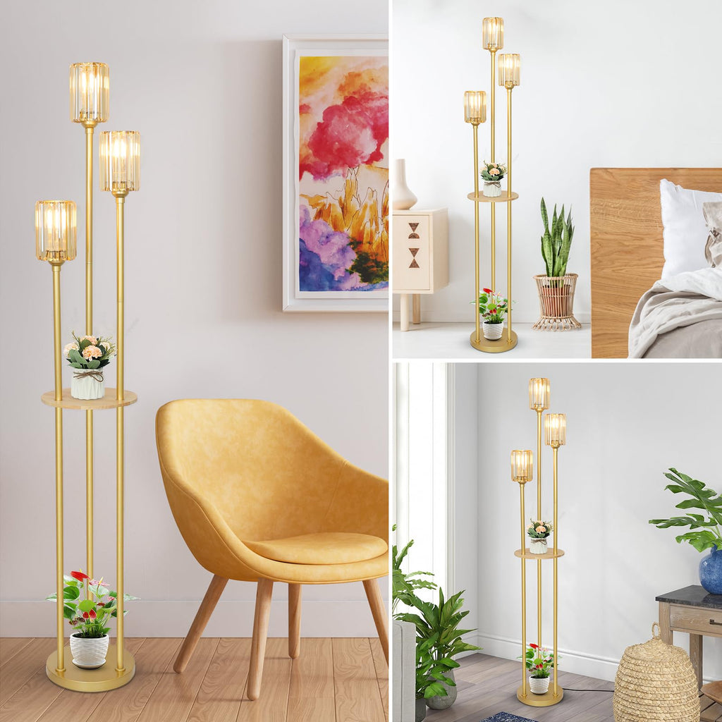 Gold Standing Lamp with Shelf, Vintage Floor Lamp, Retro Floor Lamp with Table, Mid Century Tall Lamp with Amber