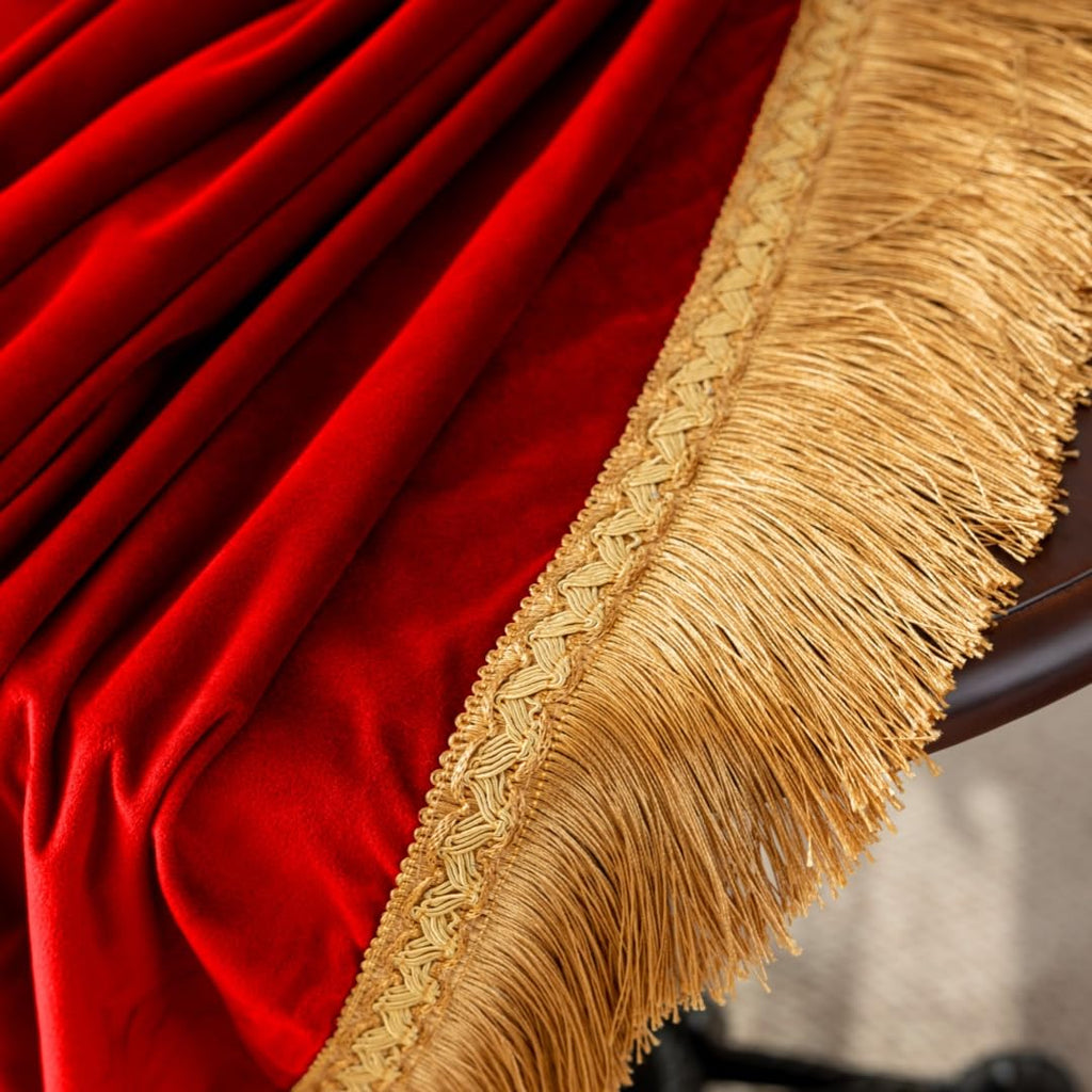 Rectangular Velvet Tablecloth, Vibrant Red Velvet with Luxurious Gold Tassel Fringe, Heavy‐Thick Table Cover for