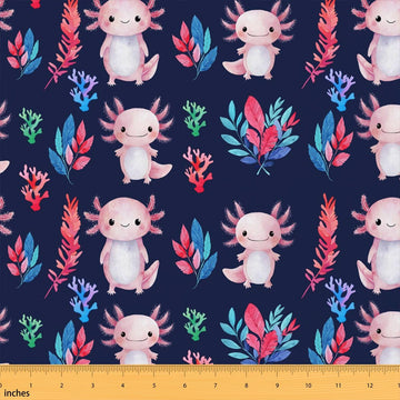 Axolotl Fabric By The Yard, Kawaii Pink Salamander Quilt Fabric By The Yard, Seaweed Marine Life Upholstery Fabric