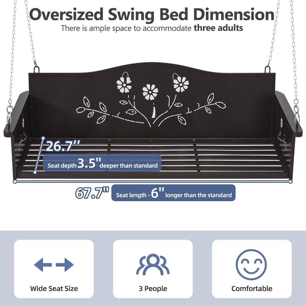 3-Seat Oversized Metal Porch Swing Bed Heavy Duty 900 LBS