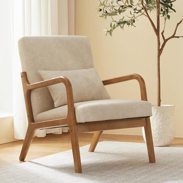Leather Accent Chair, Mid Century Modern Armchair with Pillow
