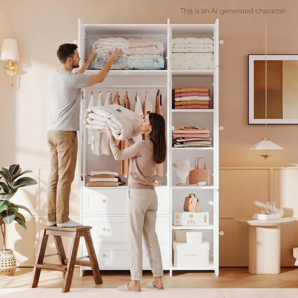 87" H Armoire Wardrobe Closet with Overhead Cabinets, Mirror & Rod
