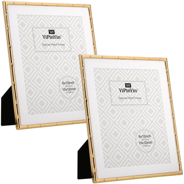 10x12'' Dark Gold Metal Bamboo Detail Picture Frame with Acid Free Mat for 8x10'' Set of 2, Elegant Narrow Gold Plated