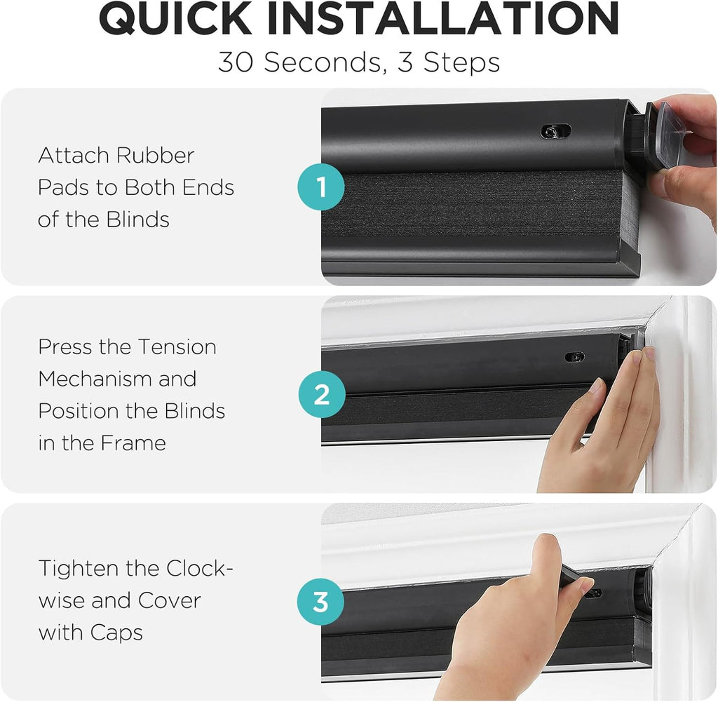 No Drill Light Filtering Cellular Shades, Black, | Thermal Insulating, No Drill Blinds for Windows, Light Filtering