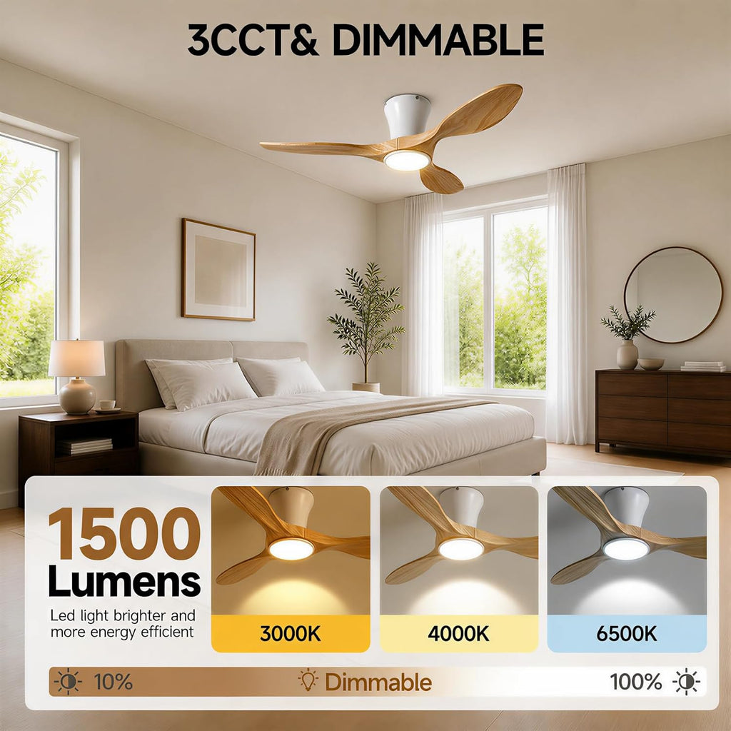 42" Flush Mount Wood Ceiling Fan with Lights, 3 Blade Low Profile Farmhouse Ceiling Fan with Remote Control