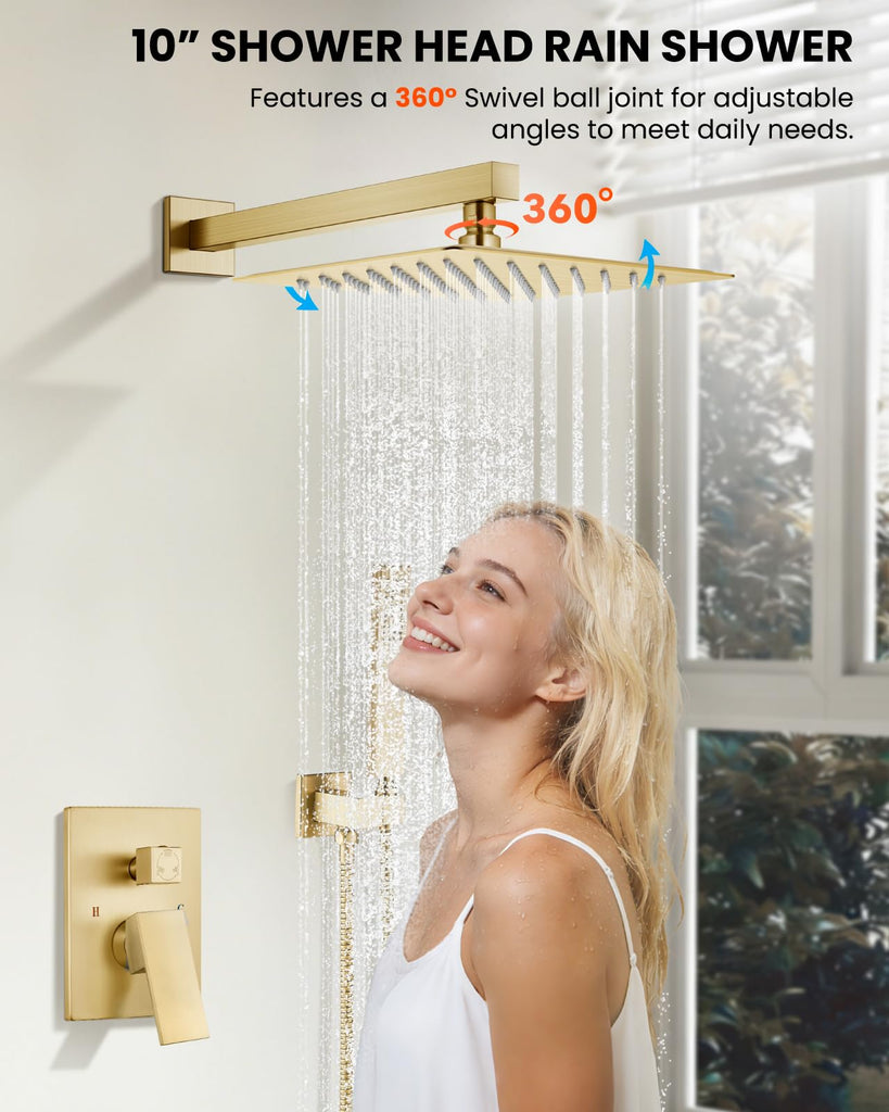 Tub Shower Faucet Set with Valve 10'' Rain Head,Brushed Gold