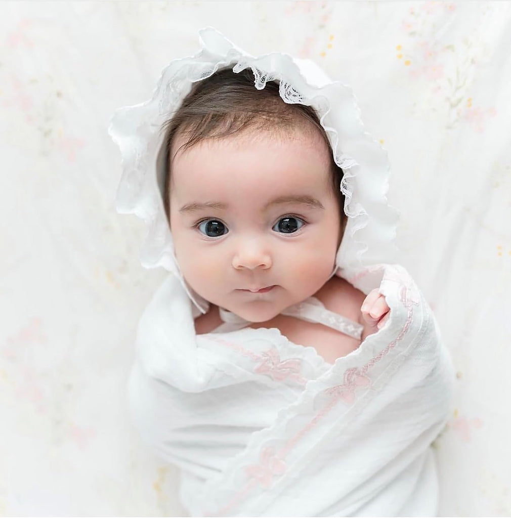 Baby Girl Blanket - Heirloom Collection - White with Pink Bows, 100% Cotton, in The USA (Crib: 30 x 51)