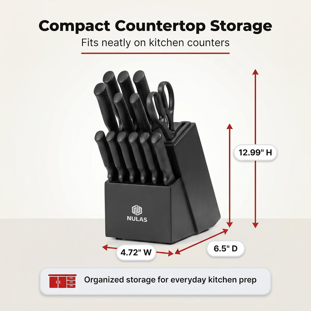 Knife Set, 15-Piece Kitchen Knife Set with Block and Built-in Sharpener, Dishwasher Safe, Non-slip Handle, 6 Steak