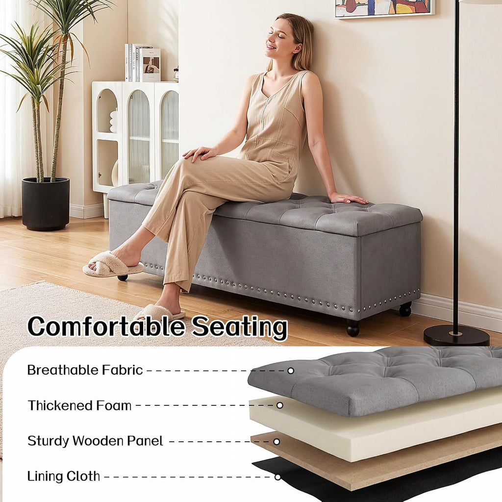 51" Storage Ottoman Bench with Wooden Legs and Soft-Close, Grey | Large End of Bed Bench with Button Tufting, Metal
