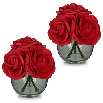 2Pcs Red Roses Artificial Flowers in Vase Small Silk Fake Red Roses Bouquet Flowers Roses Floral Arrangements with
