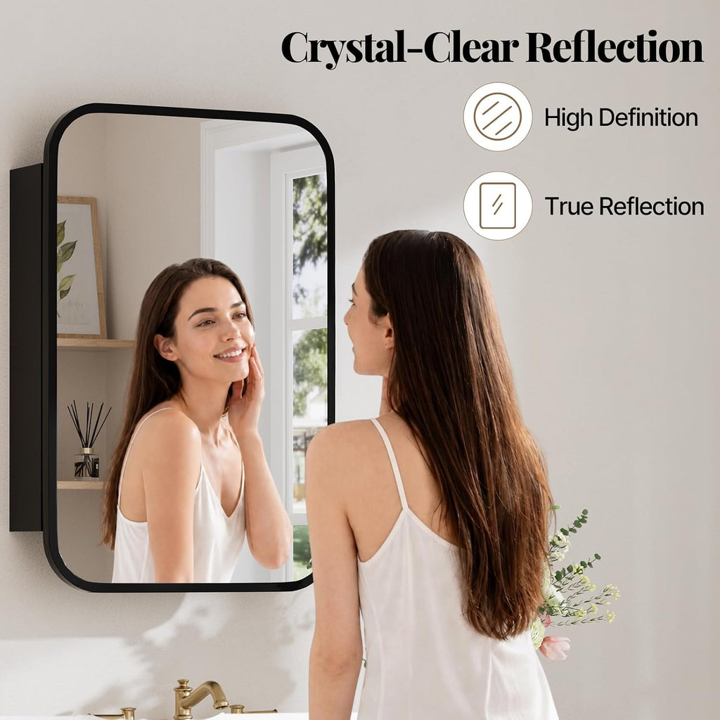 16x24 Inch Medicine Cabinet with Mirror, Rounded Corner, Black | Fully Assembled, Recessed or Surface Mount Metal