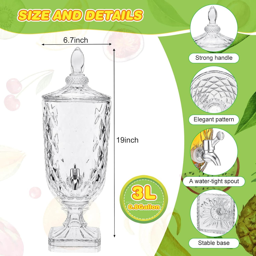 0.8 Gallon Drink Dispensers for Parties with Stand and Spigot Vintage Iced Beverage Dispenser Crystal Drink - Set of 2