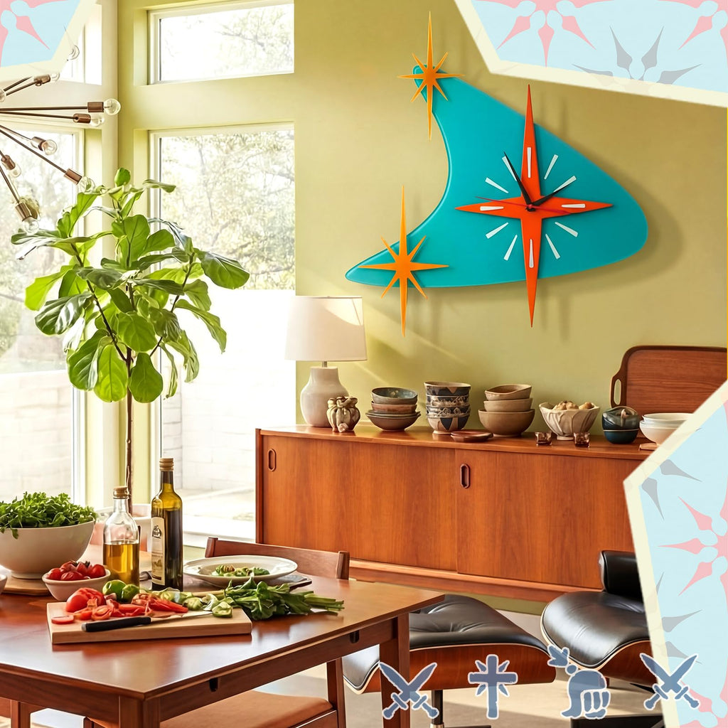 25 inch Mid Century Modern Wall Clock Decor with 5 Pcs Retro 3D Star Art Wall Sculpture Starburst Clock art Vintage