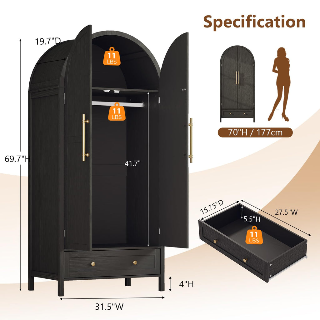 Arched Wardrobe Closet Armoire with Doors and Drawer, Bedroom Armoires Black Wardrobe Cabinet Closet, 19.7" D x 31.5"