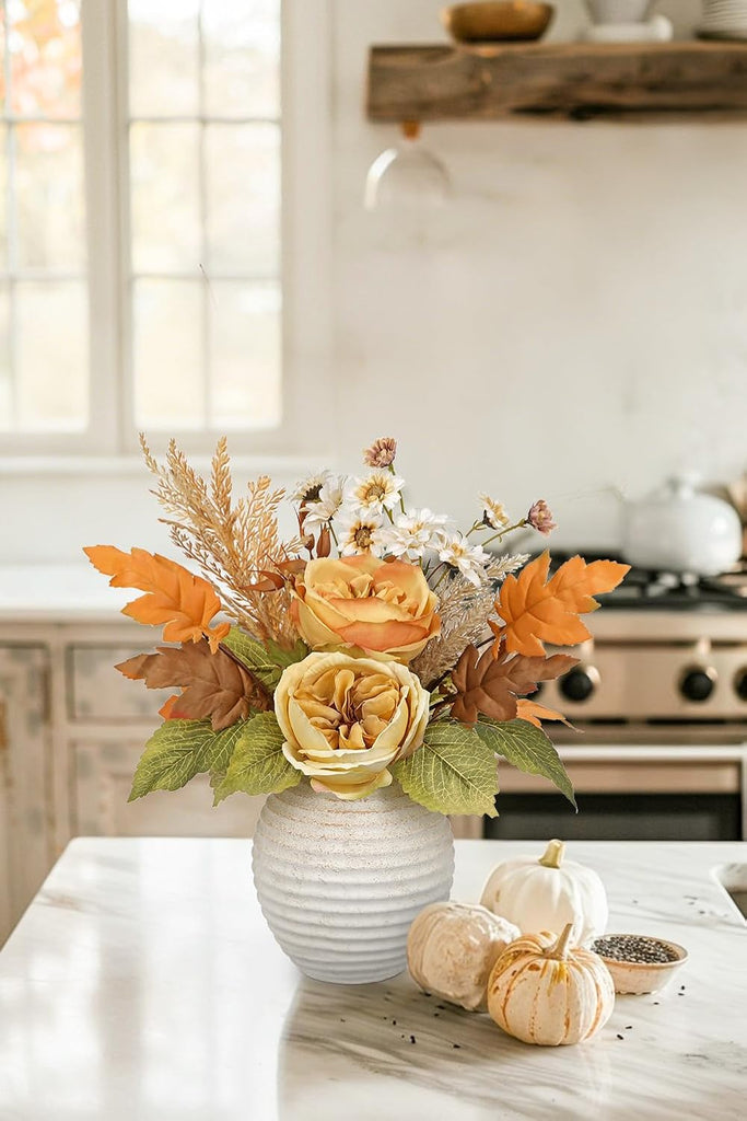Artificial Fall Floral Centerpiece with Vase, Fake Flowers for Autumn Table Decorations, Silk Rose & Maple Leaves