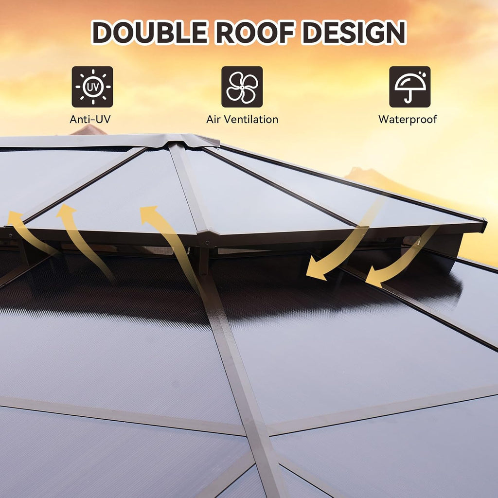 12'x16' Hardtop Gazebo, Outdoor Metal Gazebo with Double Polycarbonate Roof Canopy