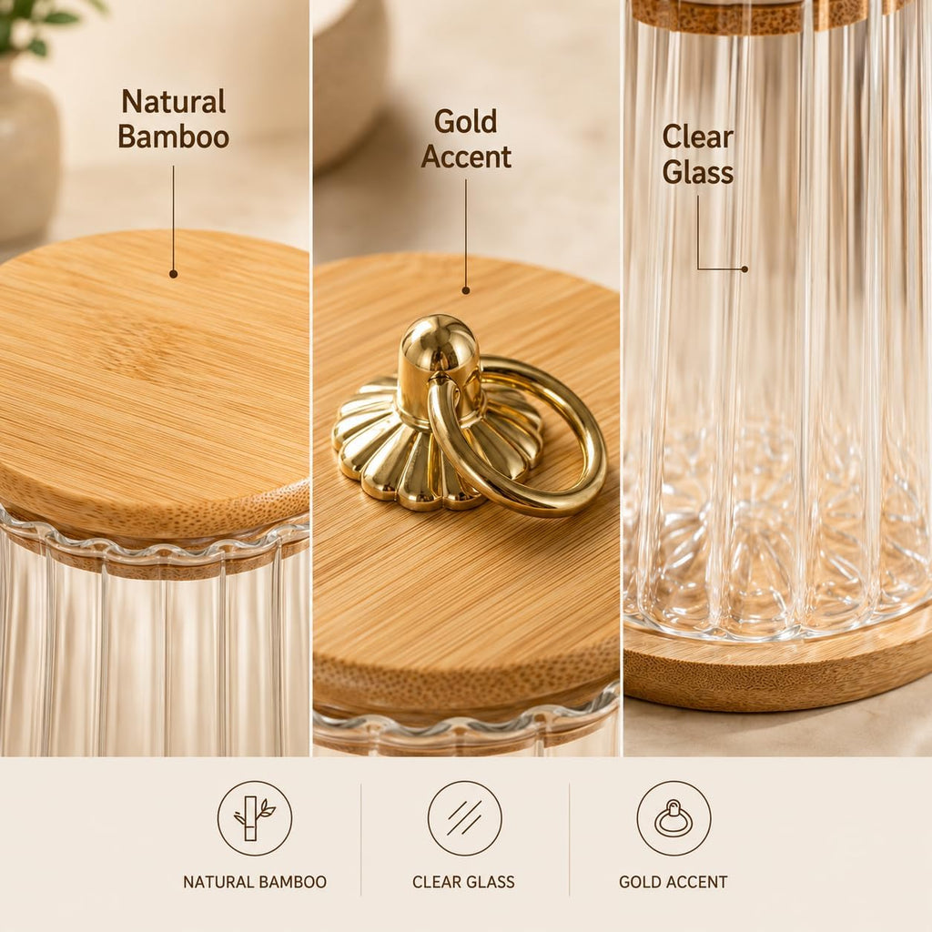Coffee Tea Sugar Canister Set,22 oz / 650 ml Airtight Glass Storage Jars with Wooden Lids & Tray, Ribbed Clear - Set of 3