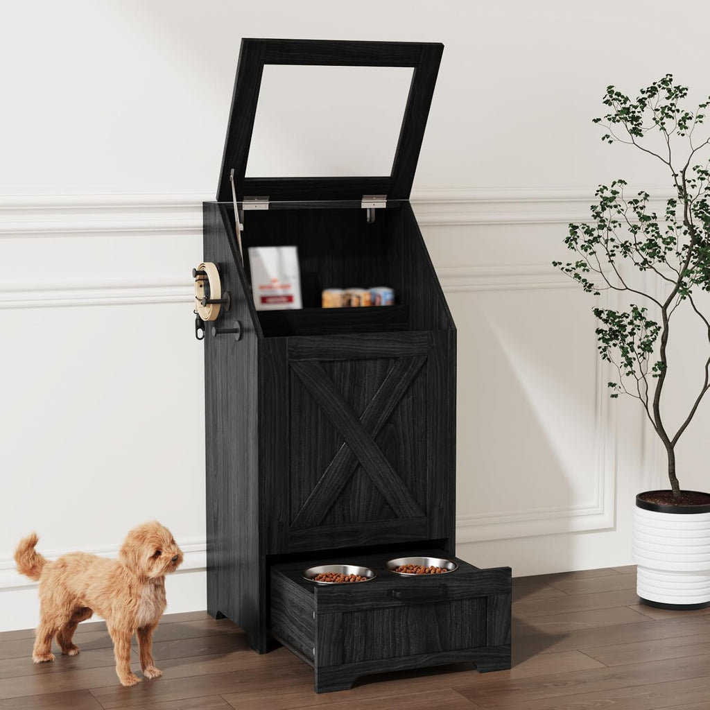 Dog Feeding Station with Storage Cabinet & 2 Elevated Bowls, Black
